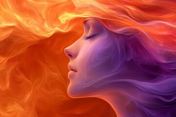 Woman with flowing red hair blending into fiery abstract waves symbolizing passion transformation and the powerful flow of emotions in a surreal conceptual design