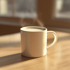 Warm cup of milk on wooden table, cozy atmosphere.