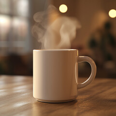 Warm cup of milk on wooden table, cozy atmosphere.