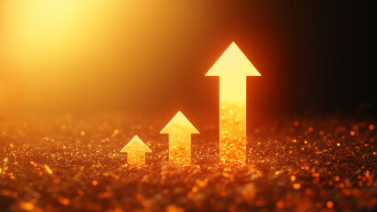 Increasing concept. A set of luminous arrows increasing in height against a dark backdrop, symbolizing growth, rising, progress, and upward momentum.