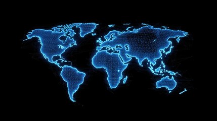 world map hologram. abstract blue wireframe world map on black background.