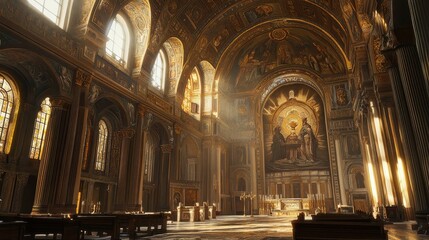 Obraz premium Roman basilica apse with a mosaic scene sunlight streaming through tall windows