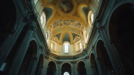 Vaulted basilica ceiling adorned with frescoes and gold illuminated by soft light