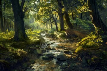 An enchanted forest with a sparkling brook ,A beautiful stream runs through a forest, featuring cascading waterfalls and a rich tapestry of trees and foliage.