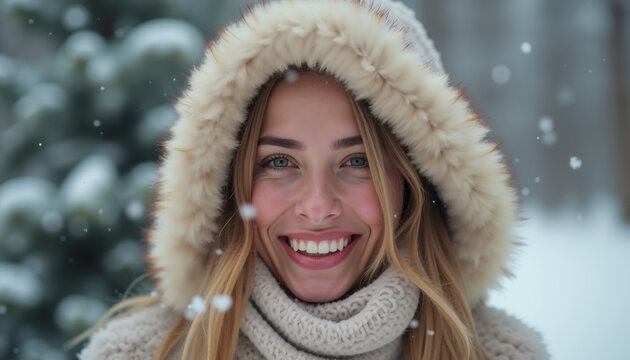 Beautiful female in winter clothes smiling against falling snow, vinter vibe