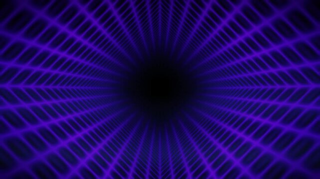 Neon lights tunnel style graphics, in a seamless animation loop. Abstract background showing purple grid pattern converging to vanishing point. 3D Graphics geometric lines, video background template