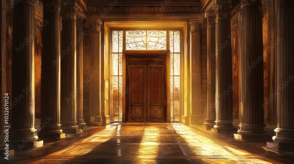 Wall mural Roman Senate entrance with carved doors and stone columns bathed in warm light