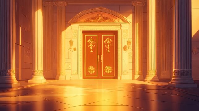 Illustration of Senate entrance carved doors flanked by tall columns in golden light