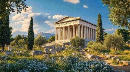 Obraz premium Greek temple with lush greenery and aligned columns bathed in warm sunlight