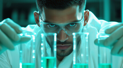 Focused scientist conducts experiment with test tubes in laboratory