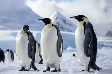 An icy Antarctic landscape with emperor penguins ,A cluster of penguins in a snowy environment, highlighting their playful nature amidst the winter scenery.