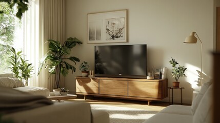 A clean, modern Scandinavian living room with a wooden TV cabinet, soft beige sofa, white walls, and a few potted plants, creating a serene and peaceful atmosphere