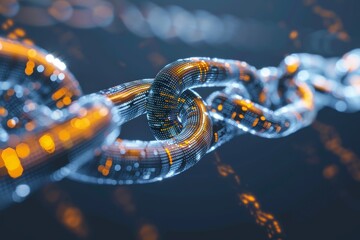 An image depicting the transparency element of blockchain ,Interconnected links arranged on a blue background, emphasizing their metallic texture.