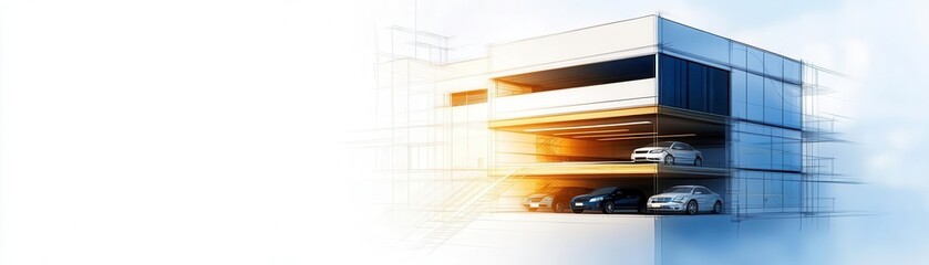Modern parking garage with sleek design, bright lighting, and cars parked inside.