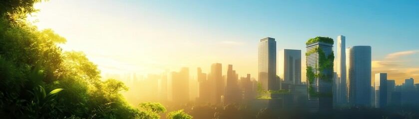 Modern skyline with greenery, showcasing a vivid urban landscape at sunrise.