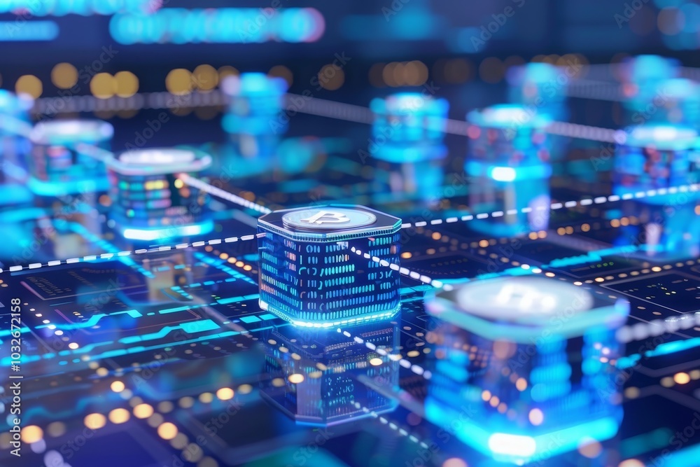 Poster an interconnected network of computers transferring a digital currency known as blockchain , a futur