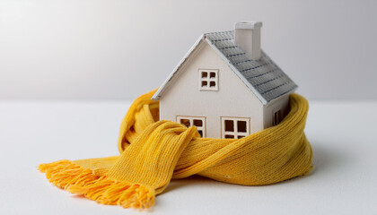 Miniature house wrapped in warm scarf on light background.