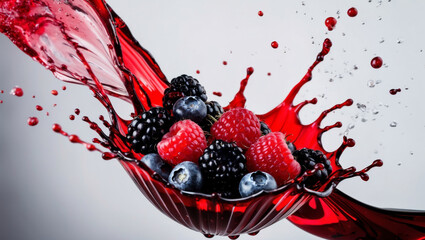 Vibrant red liquid splash with fresh berries