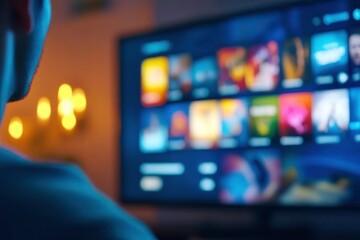 Person watching TV with streaming options displayed, cozy indoor setting.