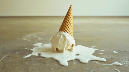 Ice cream fell and dropped on the floor, a sweet vanilla dessert melting away, deliciously cold and tasty scoop spills from a waffle cone, creating a refreshing and frosty mess on the ground