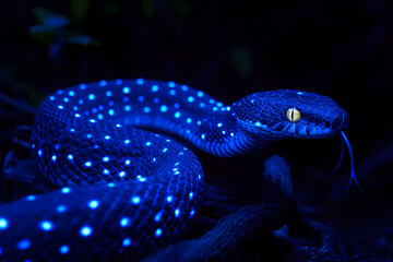 A majestic snake with bioluminescent spots glowing in the dark, creating a surreal and magical nighttime scene in the wild