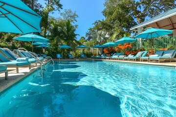 An inviting turquoise swimming pool surrounded by lounge chairs and beach umbrellas ,A stunning view of a premier Las Vegas hotel, featuring bright neon lights and elegant design