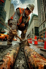 Urban Construction Worker Operating Jackhammer in Bustling Downtown Setting for Safety and Progress