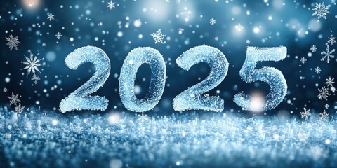 Frosty 2025 numbers surrounded by snowflakes and glittering snow on a blue background, creating a wintery and festive New Year atmosphere with a sparkling, icy glow