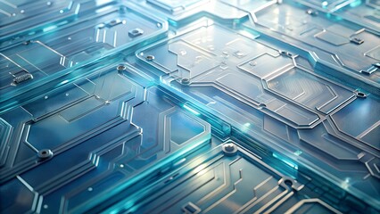 Obraz premium Futuristic circuit board design, close-up perspective with glowing blue elements, copy space
