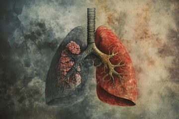 Abstract depiction of human lungs showcasing health and decay, textured background.