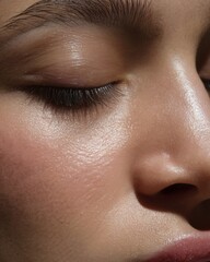 Fototapeta premium Close-up of a Woman's Eye and Cheek: Soft, natural light illuminates the delicate details of a woman's eye, highlighting her healthy, radiant skin. The image is perfect for beauty, skincare.