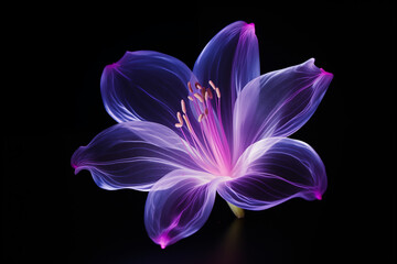 A close up of single Daffodil flower petal made from purple neon glow light isolated on dark background