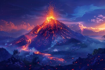 An ominous volcano erupting at night ,The eruption of a volcano at night fills the sky with bright lava and ash, showcasing nature's powerful forces.