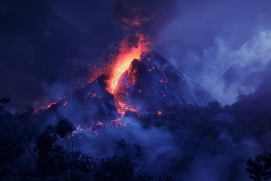 An ominous volcano erupting at night ,A nighttime volcanic eruption lights up the sky with bright lava and ash, creating a dramatic and fiery scene.