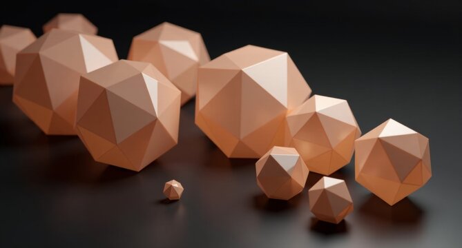 A few translucent Peach decagon shapes on a black background, smooth and highly realistic, high-definition 3D render.