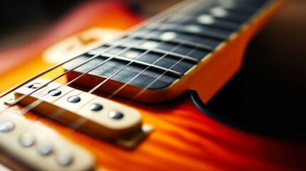Fototapeta premium Close-up view of guitar strings and fretboard highlighting craftsmanship and detail during afternoon light in a cozy setting