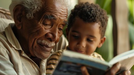 Obraz premium Horizontal portrait of a granddad reading a book to his attentive grandchild.