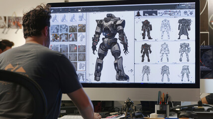 Game Developer Analyzing Character Designs in Creative Studio for Innovative Video Game Development