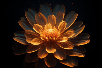 A close up of single Sunflower flower petal made from golden neon glow light isolated on dark background