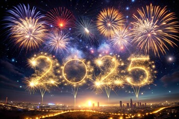 A sparkling 2025 crafted from fireworks against a night sky background, ideal for vibrant and festive celebrations