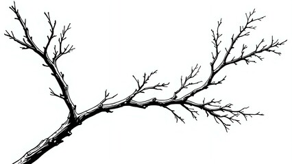 Black and white illustration of a bare branch with small twigs, isolated on white background.