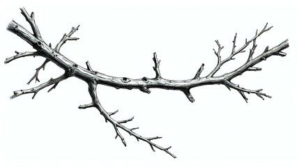 A black and white illustration of a gnarled tree branch isolated on a white background.