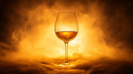 A single glass of golden liquid sits in a smoky, dark setting, illuminated by a warm glow.