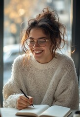 Young woman in cozy sweater writing in notebook by sunny window in a coffee shop