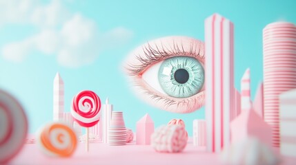 A giant, surreal eye watches over a cityscape made of candy and toys.