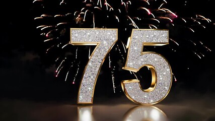 Dazzling crystal diamond number seventy five 75 shines brightly against a contrasting dark backdrop. Fireworks in the background. For congratulations and anniversaries - Powered by Adobe