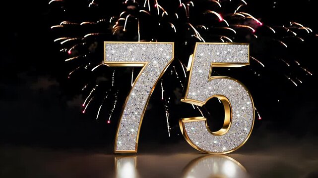 Dazzling crystal diamond number seventy five 75 shines brightly against a contrasting dark backdrop. Fireworks in the background. For congratulations and anniversaries - Powered by Adobe
