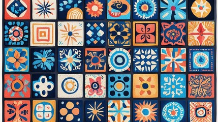 A vibrant collection of geometric tiles featuring colorful patterns, ideal for design, decoration, or art inspiration.