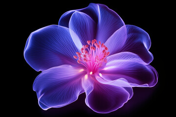 Violet flower petal made from purple neon glow light isolated on dark background