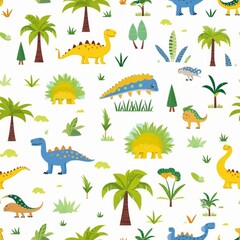 Minimalist seamless pattern featuring a dinosaur and plant on a white background